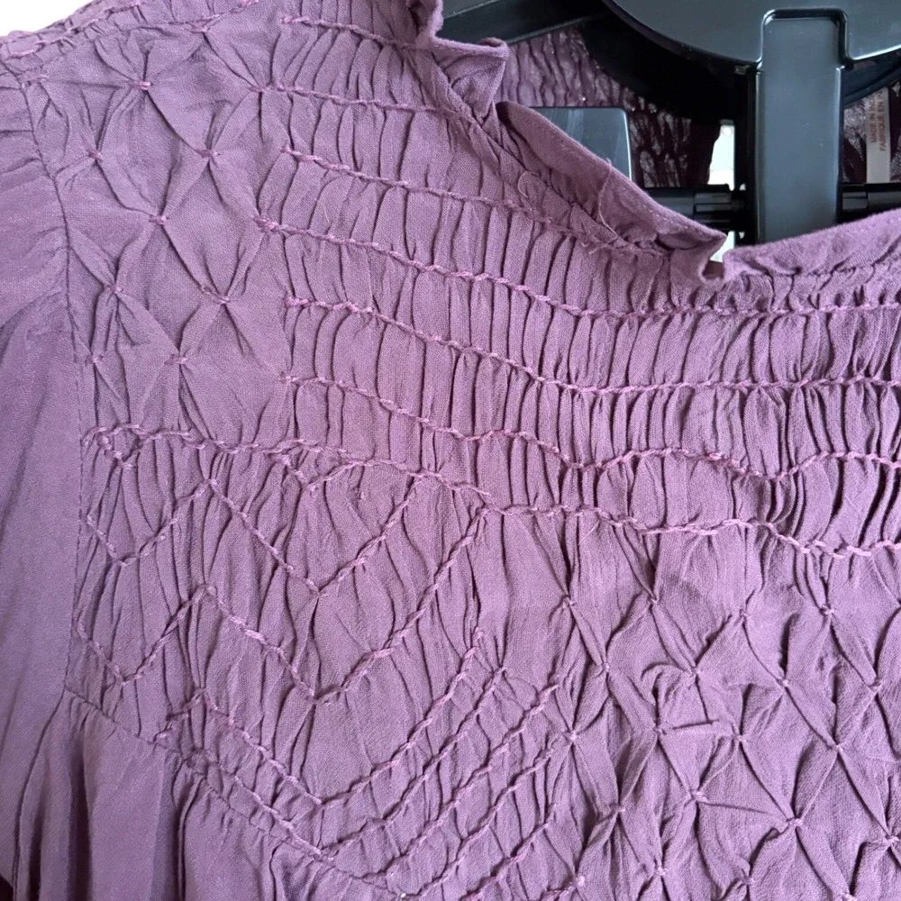 Free People Smocked In Time Boho Purple‎ Pullover Top Long Sleeve XS